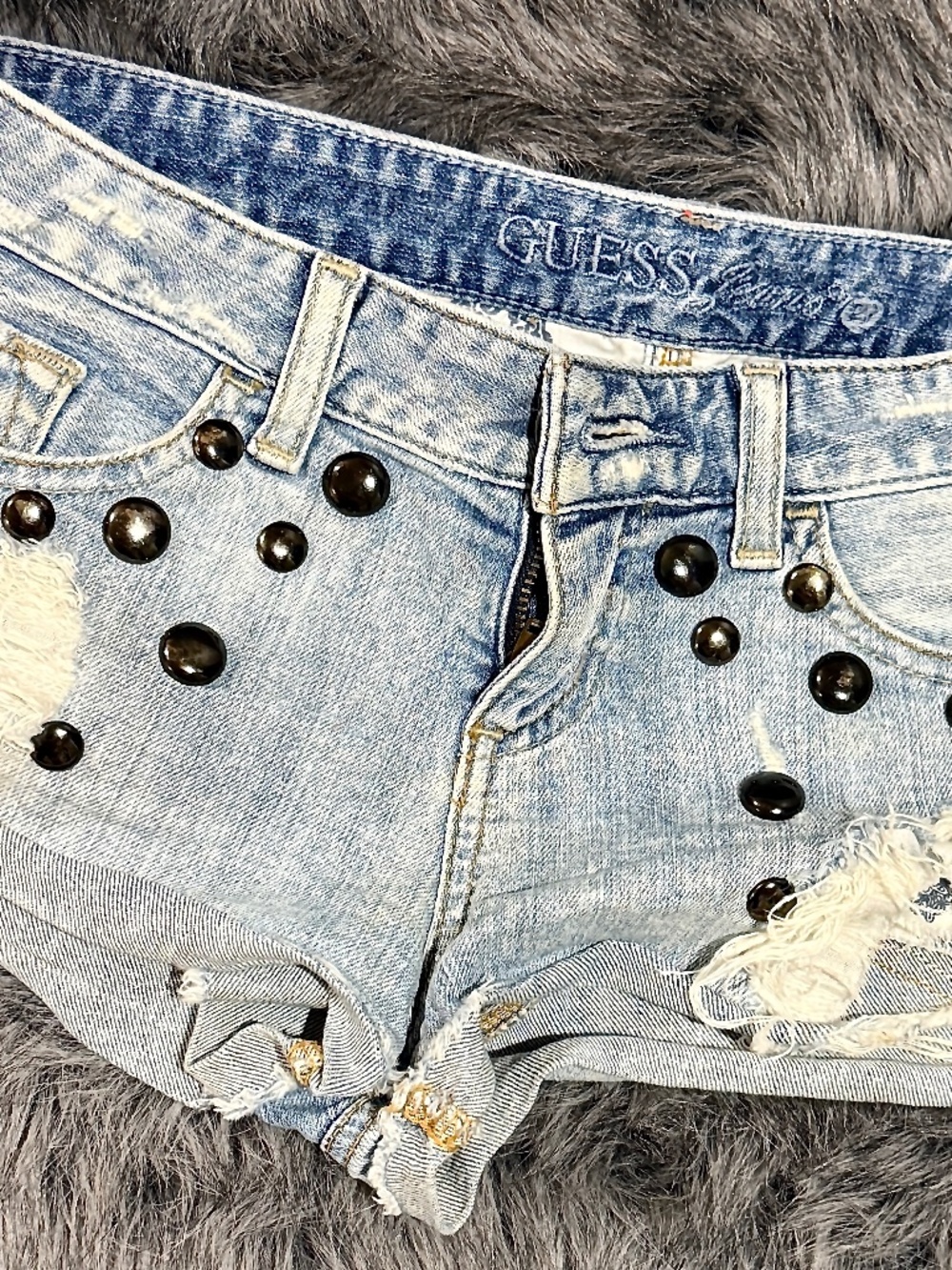 Rare-Los Angeles Guess Jeans Silver Studded Distressed Cut-Off Shorts (Size 27)